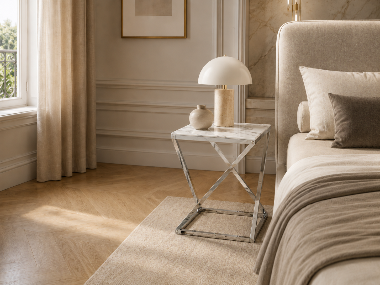 Guéridon BEVERLY – Chrome & Verre marbre blanc– 40x40x55 cm #couleur_marbre_blanc