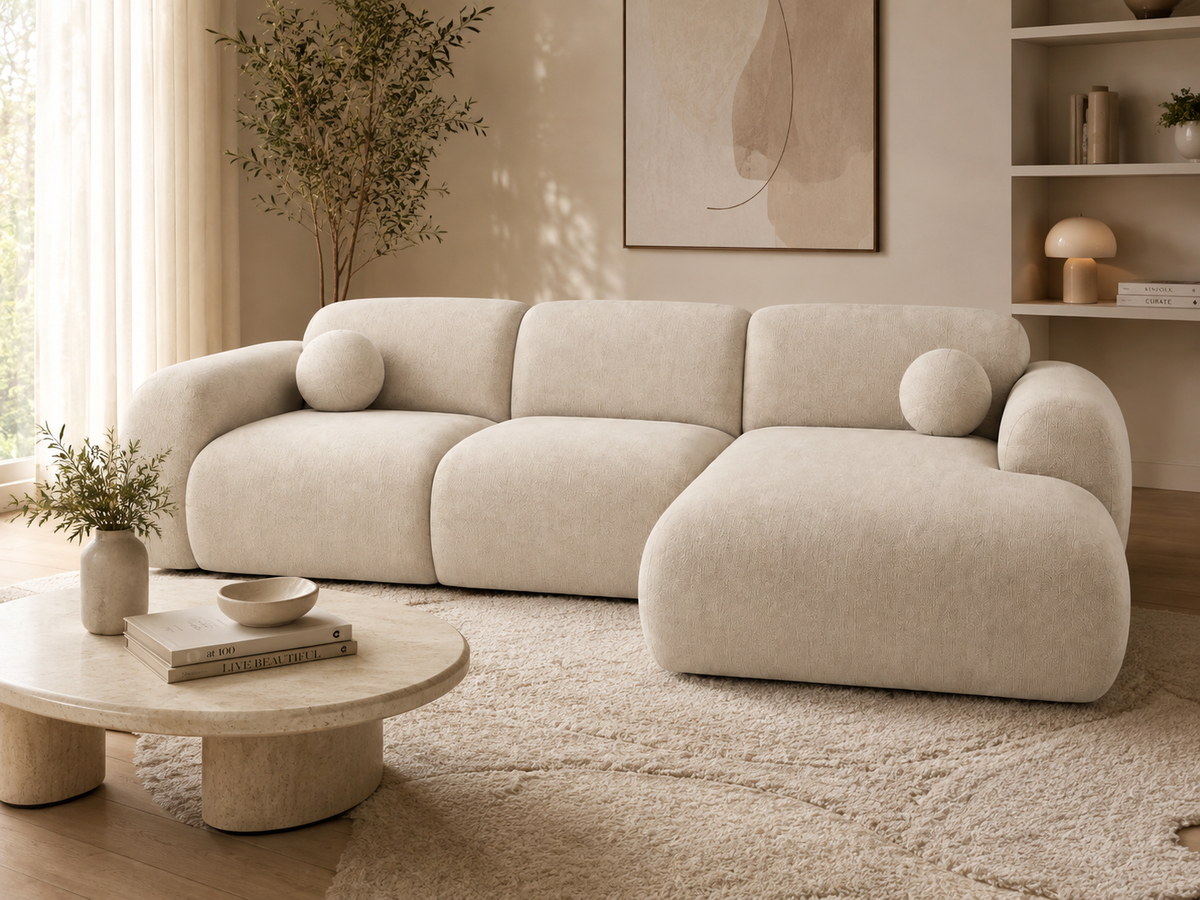 Canapé d’angle arrondi velours beige Cloud Bis - Angle Droit