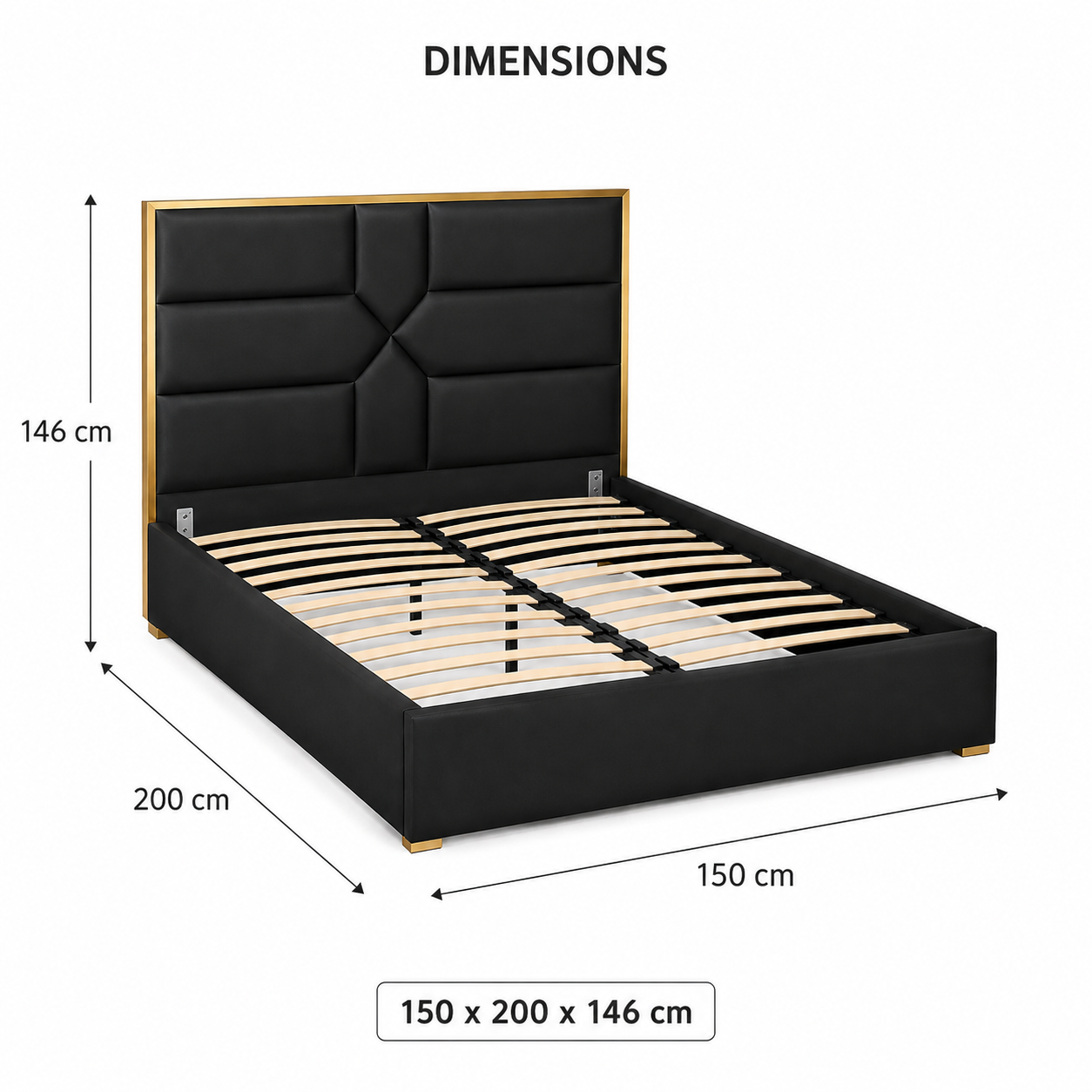 Lit 2 places GOLD MARK simili cuir noir 140x190 cm avec sommier intégré