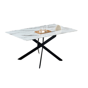 Table Repas JESSICA Métal noir et plateau en verre 150 cm 4 à 6 couverts effet marbré blanc