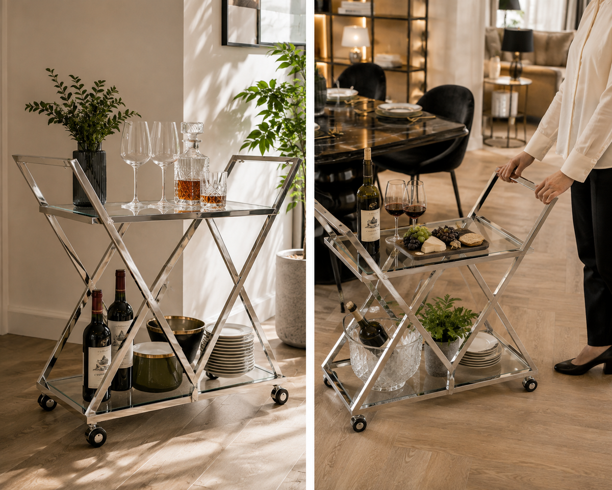 Chariot TRIANGLE Chrome & Verre Transparent – 60x40x75 cm