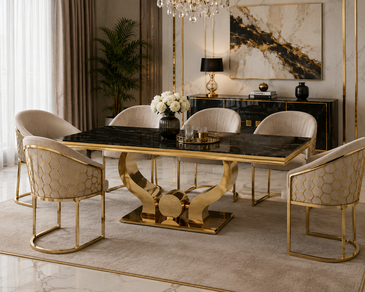Table à manger TROFY 6 à 8 personnes gold verre MARBRE NOIR 180x90 cm