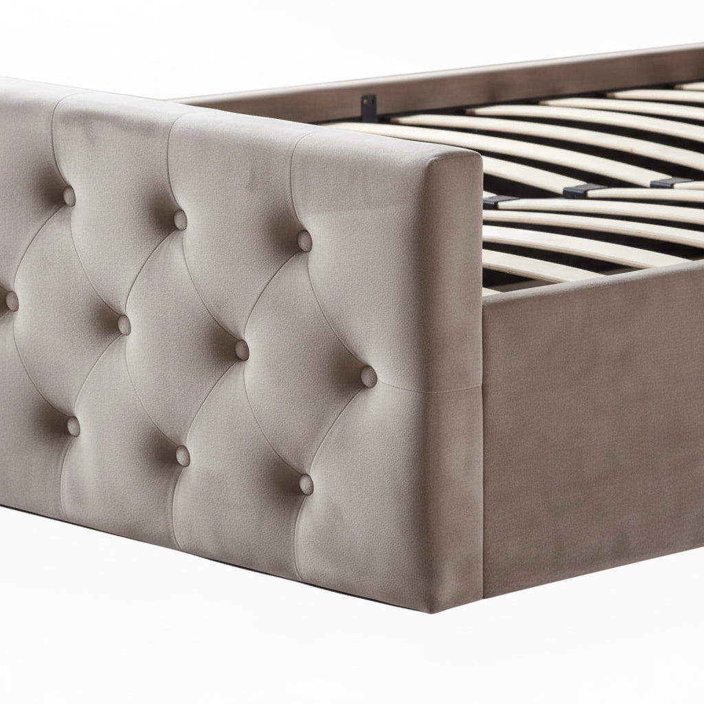 Lit coffre capitonné velours moka 160x200 cm sommier inclus VICTORIA