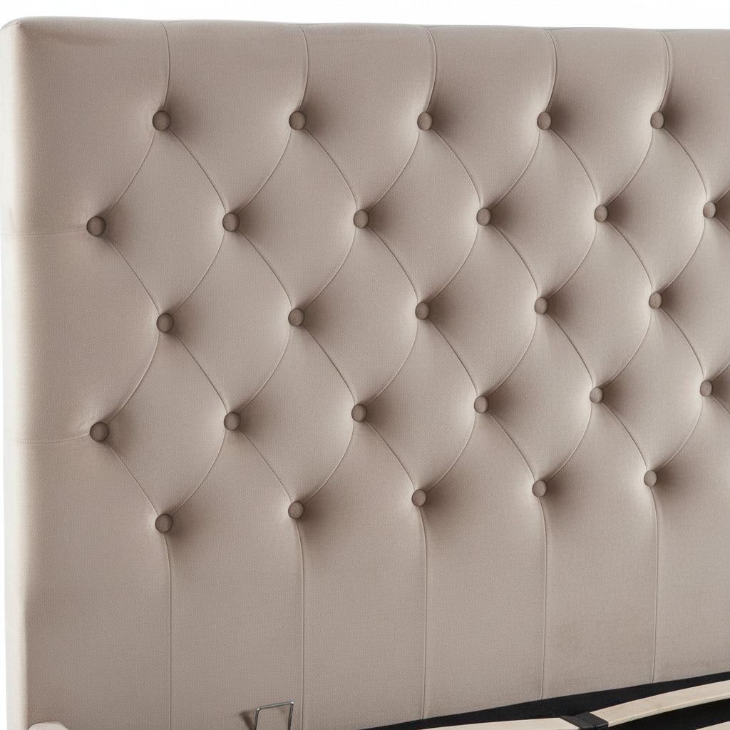 Lit coffre capitonné velours moka 160x200 cm sommier inclus VICTORIA