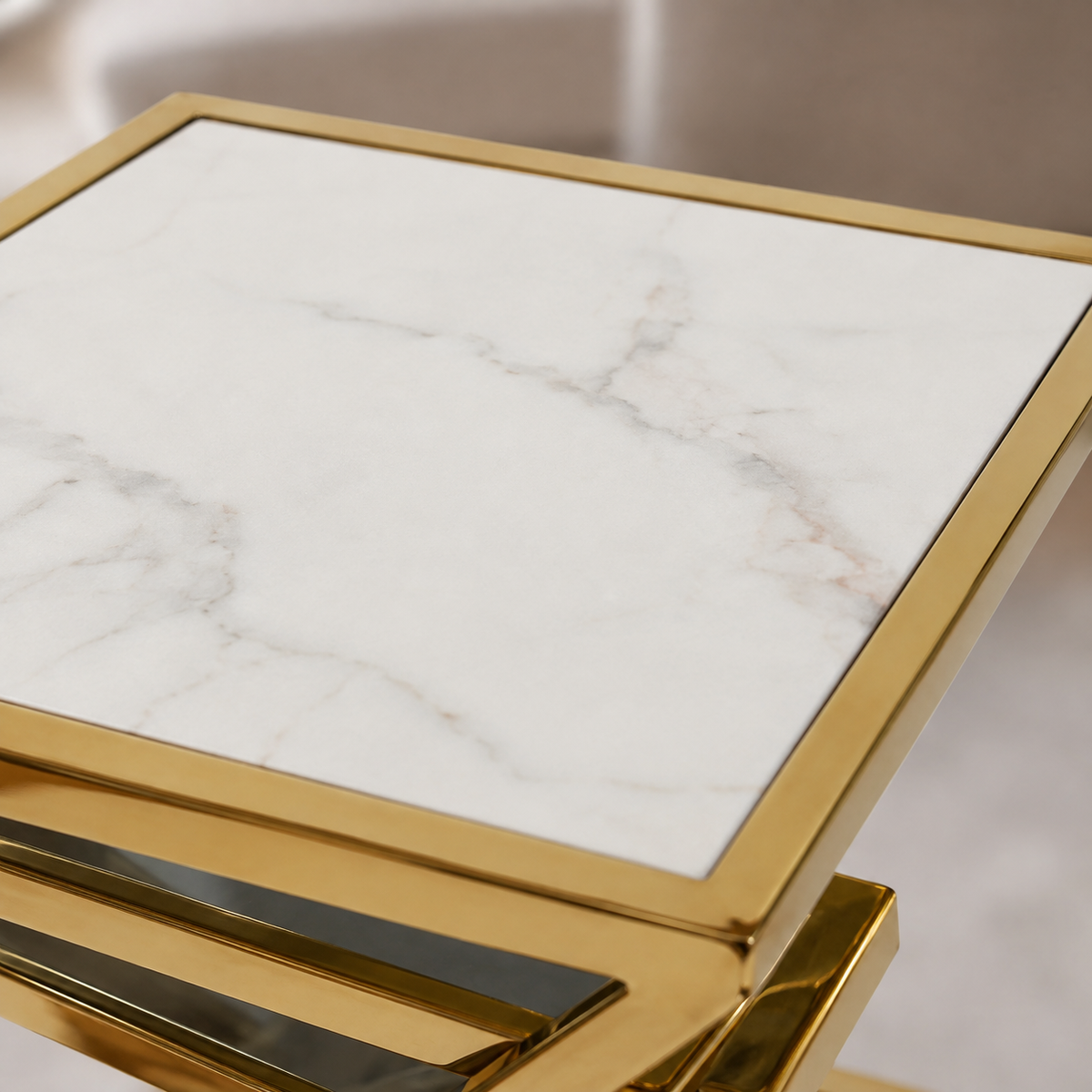 Guéridon Gigogne Z Gold & Céramique Marbre Blanc – 45x45 / 40x40 / 35x35 cm