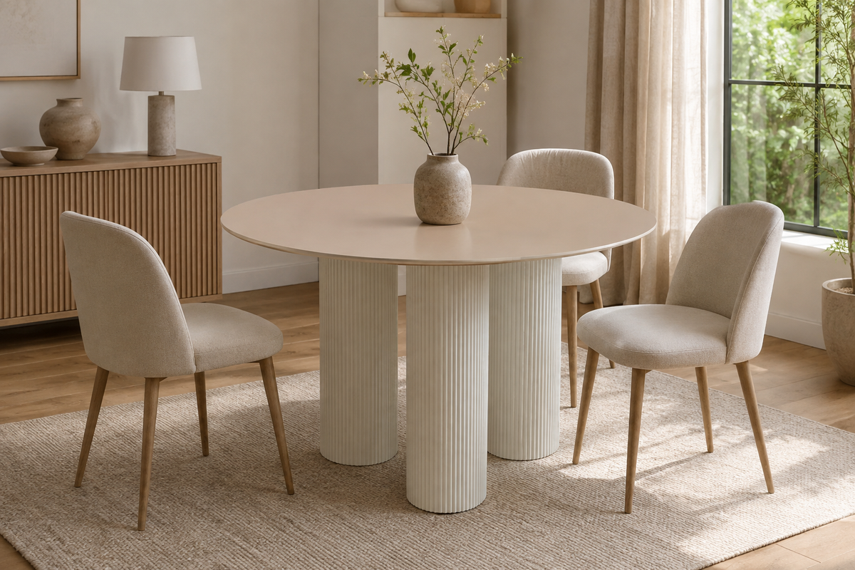 Table repas ronde céramique beige brillant 120 cm pieds beiges – ANAIS