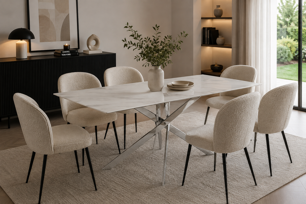 Table Repas JESSICA XXL Chrome et plateau en verre MARBRE BLANC 180 cm 6 à 8 couverts