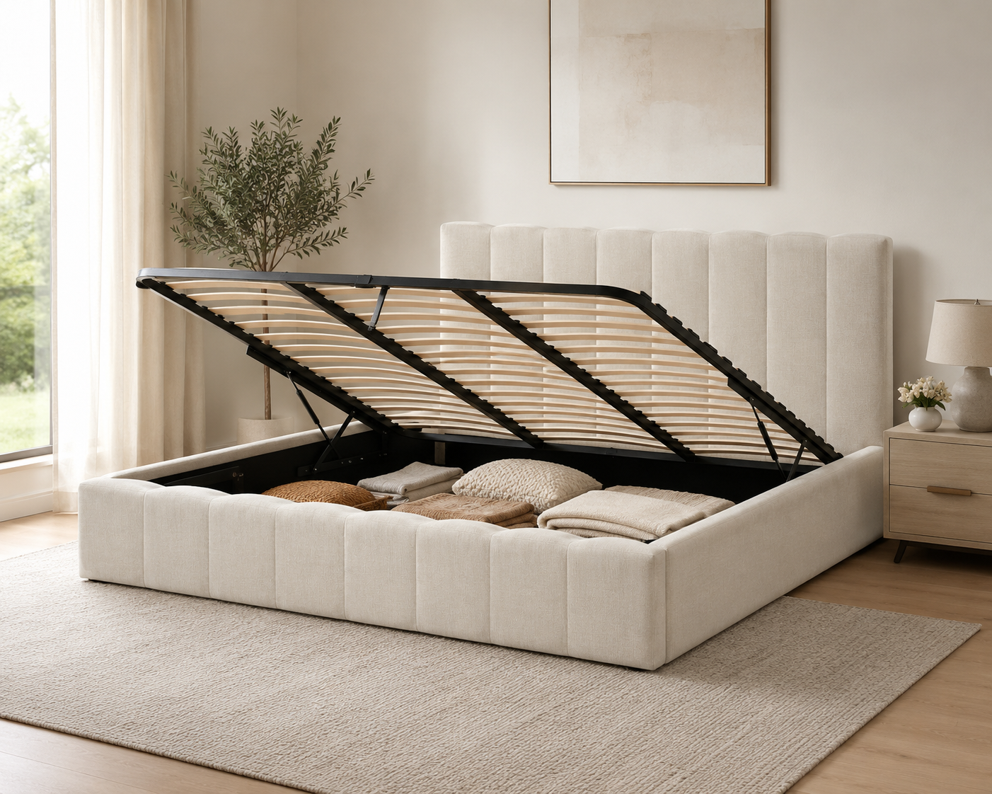 Lit Coffre 180x200 cm – Tissu Chenille Beige, Sommier à Lattes Inclus