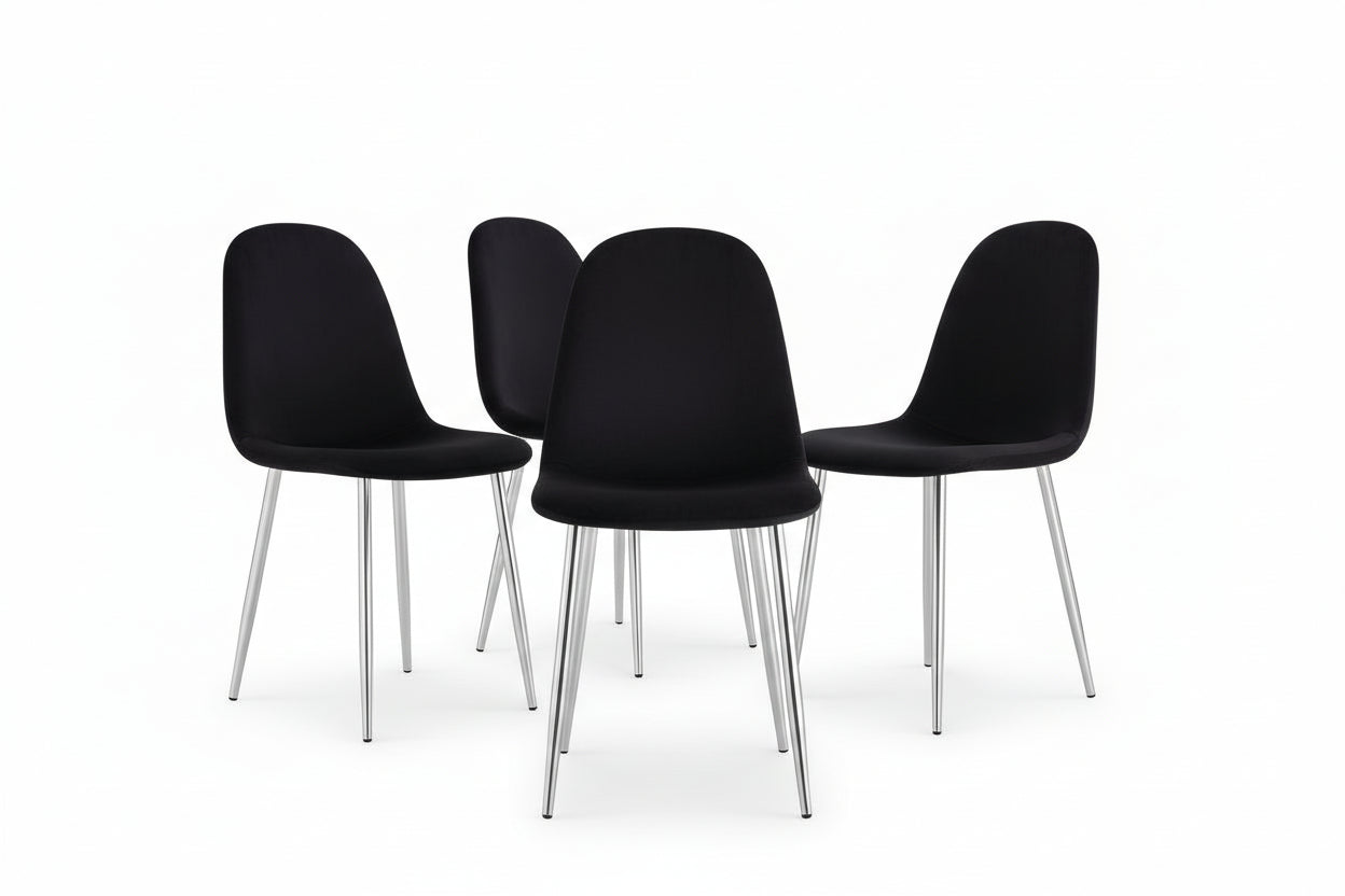 Lot de 4 Chaises Scandinaves Velours Noir Pieds Chrome 43,5x40x87cm