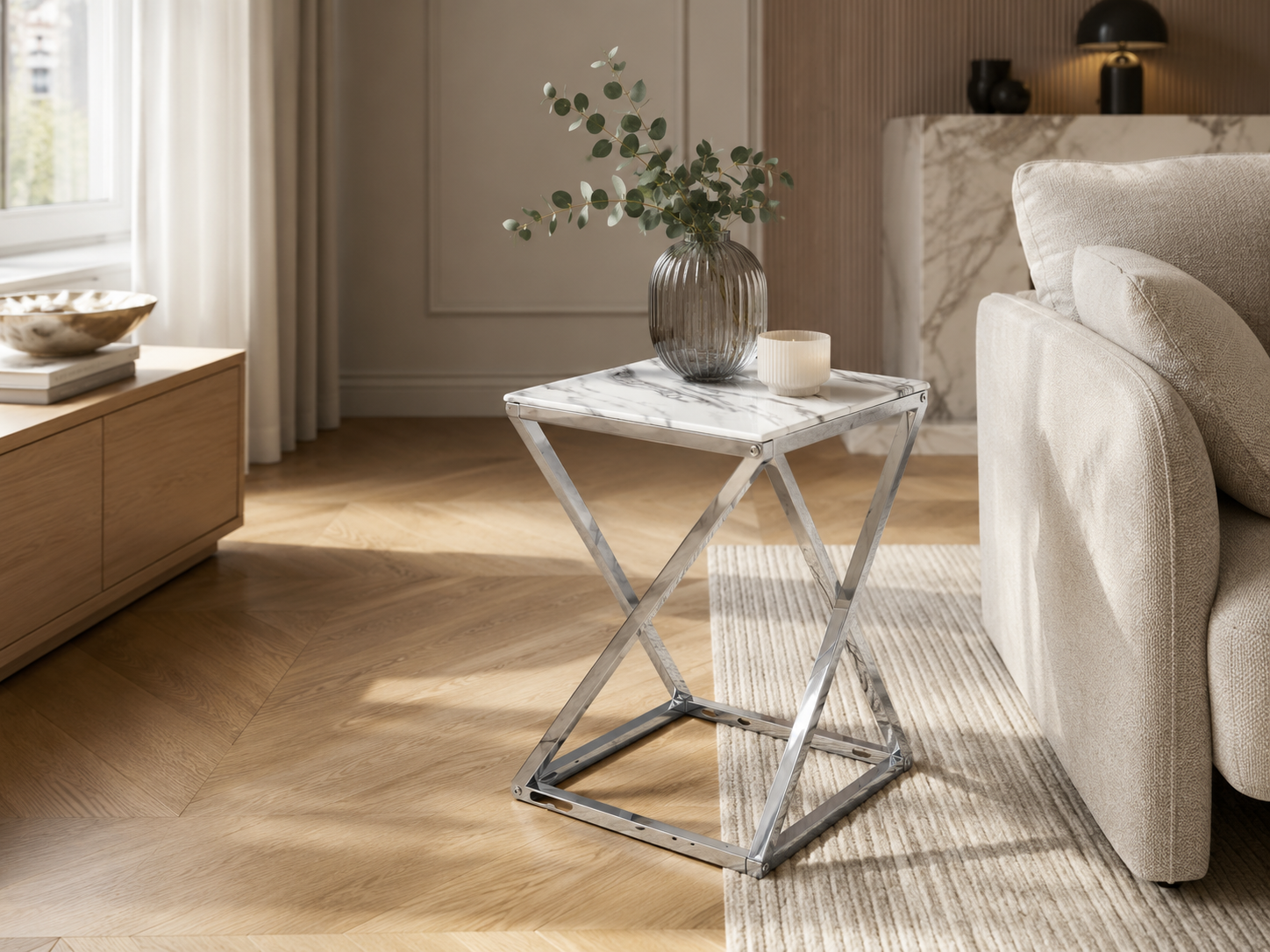 Guéridon BEVERLY – Chrome & Verre marbre blanc– 40x40x55 cm #couleur_marbre_blanc