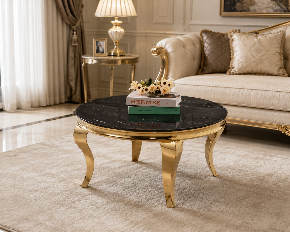 Table basse ronde baroque Gold et plateau en verre MARBRE NOIR de 80 cm