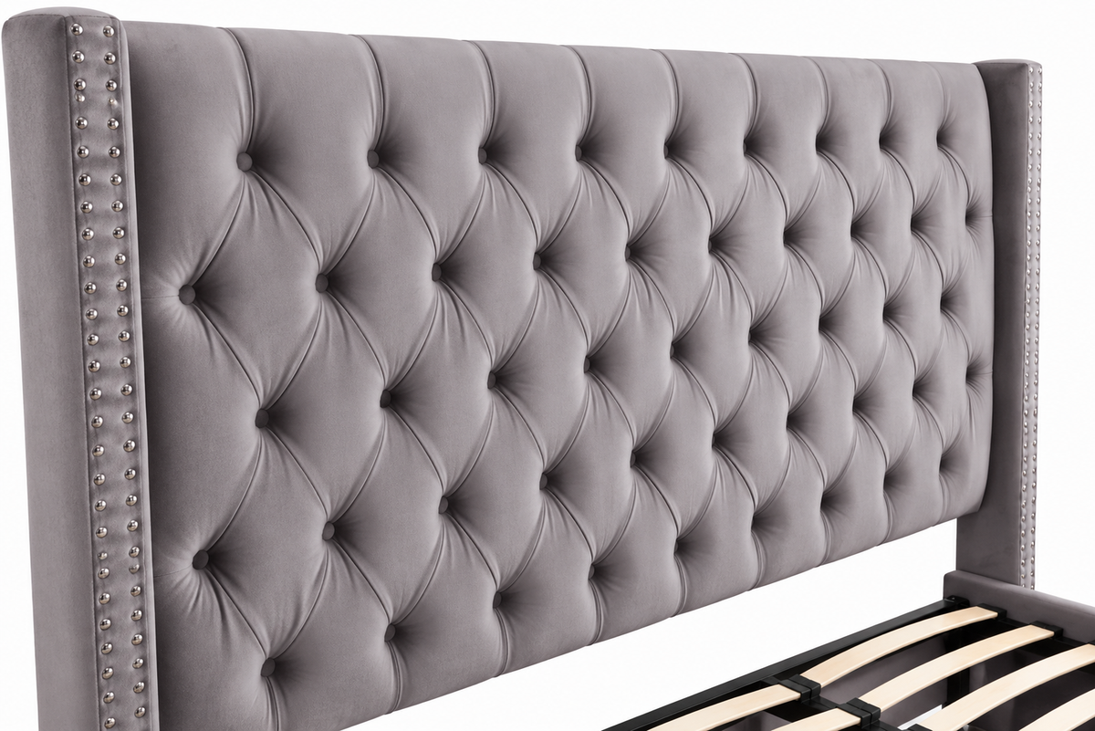 Lit double 180x200 cm velours gris tête capitonnée sommier inclus PRINCESSE