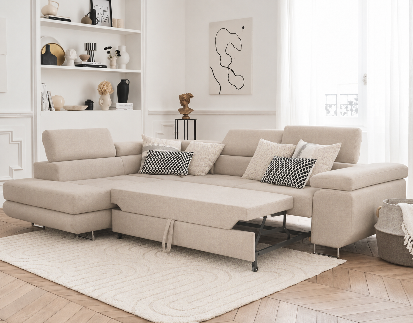 Canapé d’Angle Convertible TOULOUSE Beige avec COFFRE de rangement – Angle Gauche – Velours – 275x202 cm