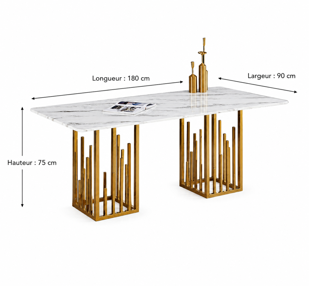 Table à Manger STALAX – Pied Gold & Pierre Marbre Blanc – 180x90x75 cm
