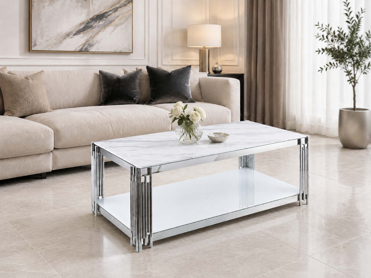Table Basse FLUTE Rectangle Double Plateau Verre Trempé Marbré Blanc Structure Chrome 120x60x45cm
