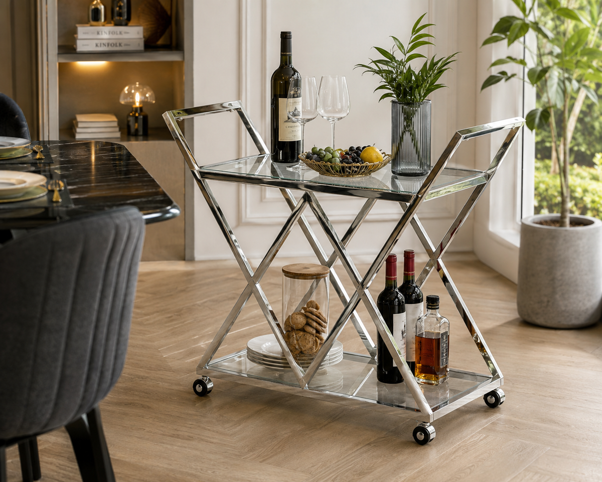 Chariot TRIANGLE Chrome & Verre Transparent – 60x40x75 cm
