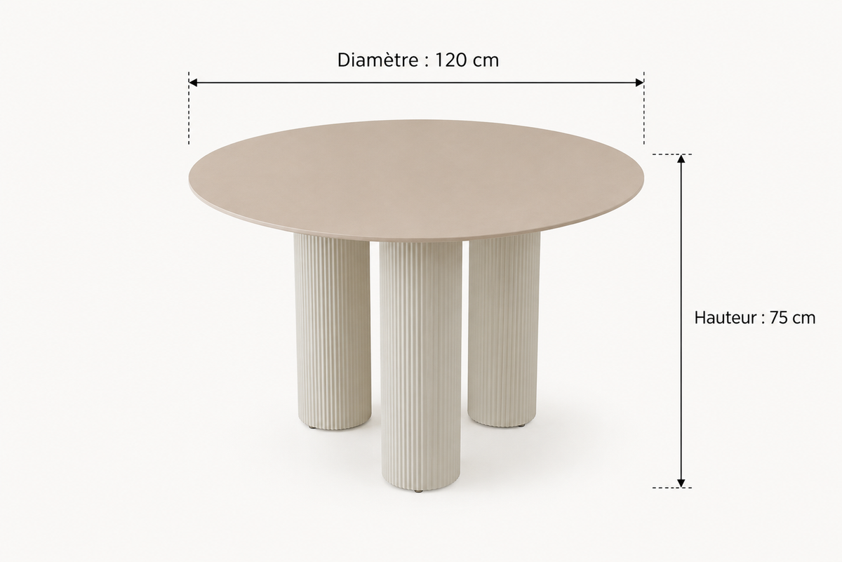 Table repas ronde céramique beige brillant 120 cm pieds beiges – ANAIS
