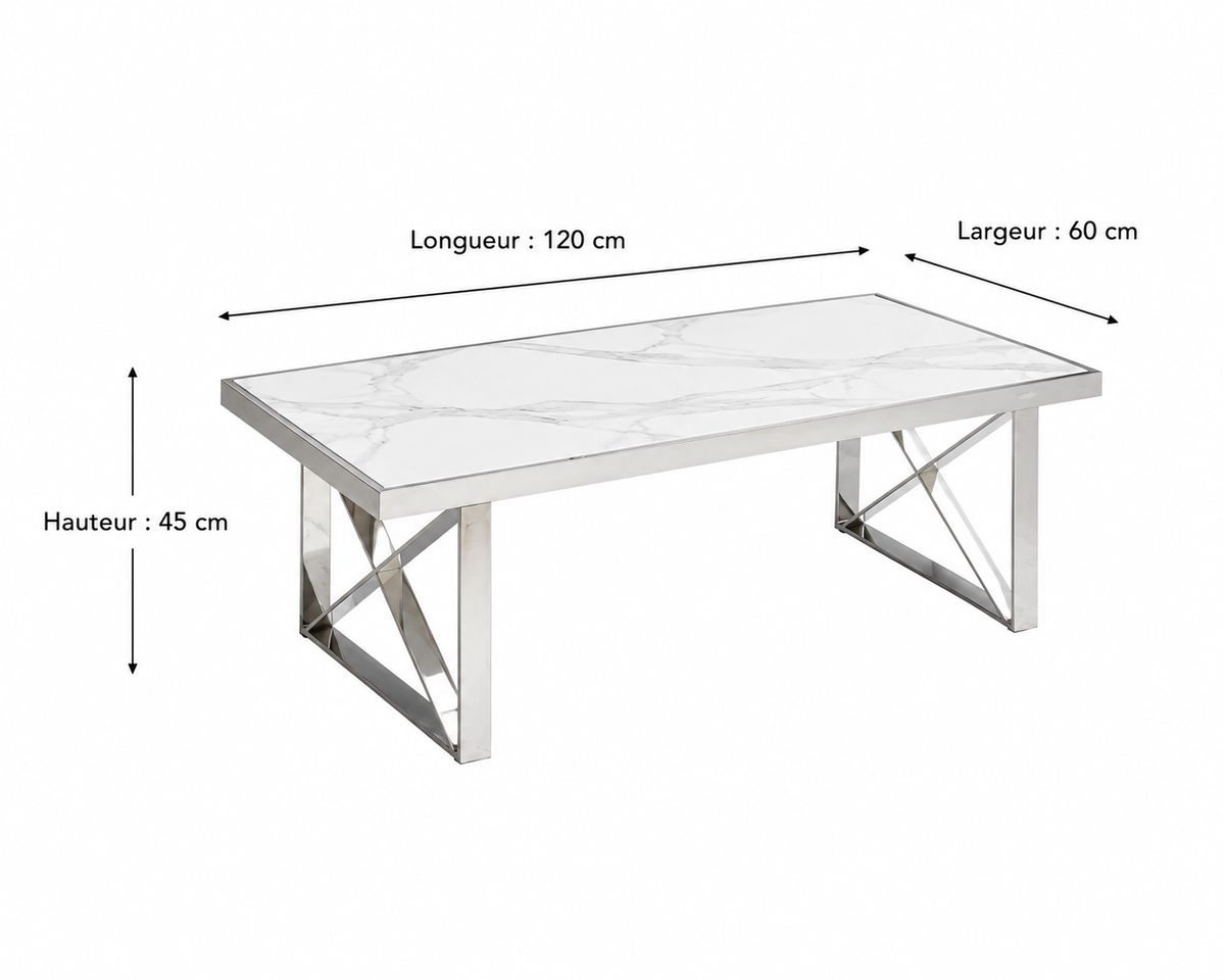 Table Basse LEVANTO – Chrome & Marbre Blanc – 120x60x45 cm