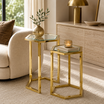 Set de 2 guéridons gigognes métal doré plateau verre trempé | forme hexagonale
