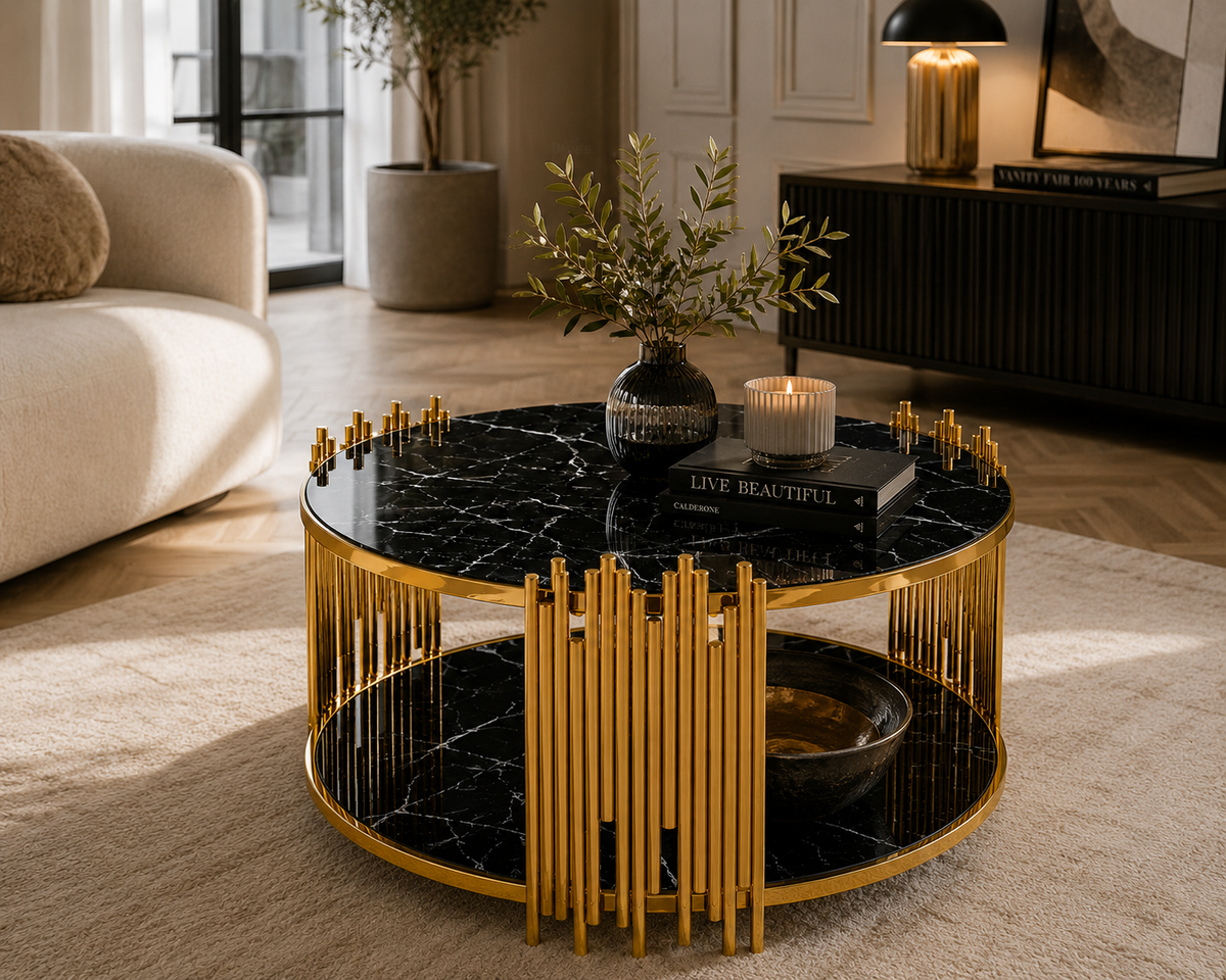 Table Basse ronde STICK Gold et plateau en verre MARBRE NOIR D90 H45 cm
