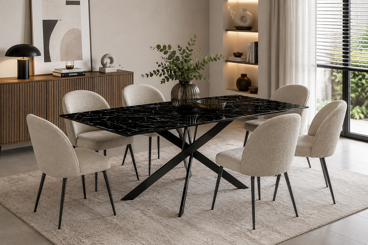 Table Repas JESSICA XXL Métal noir et plateau en verre MARBRE NOIR 180 cm 6 à 8 couverts