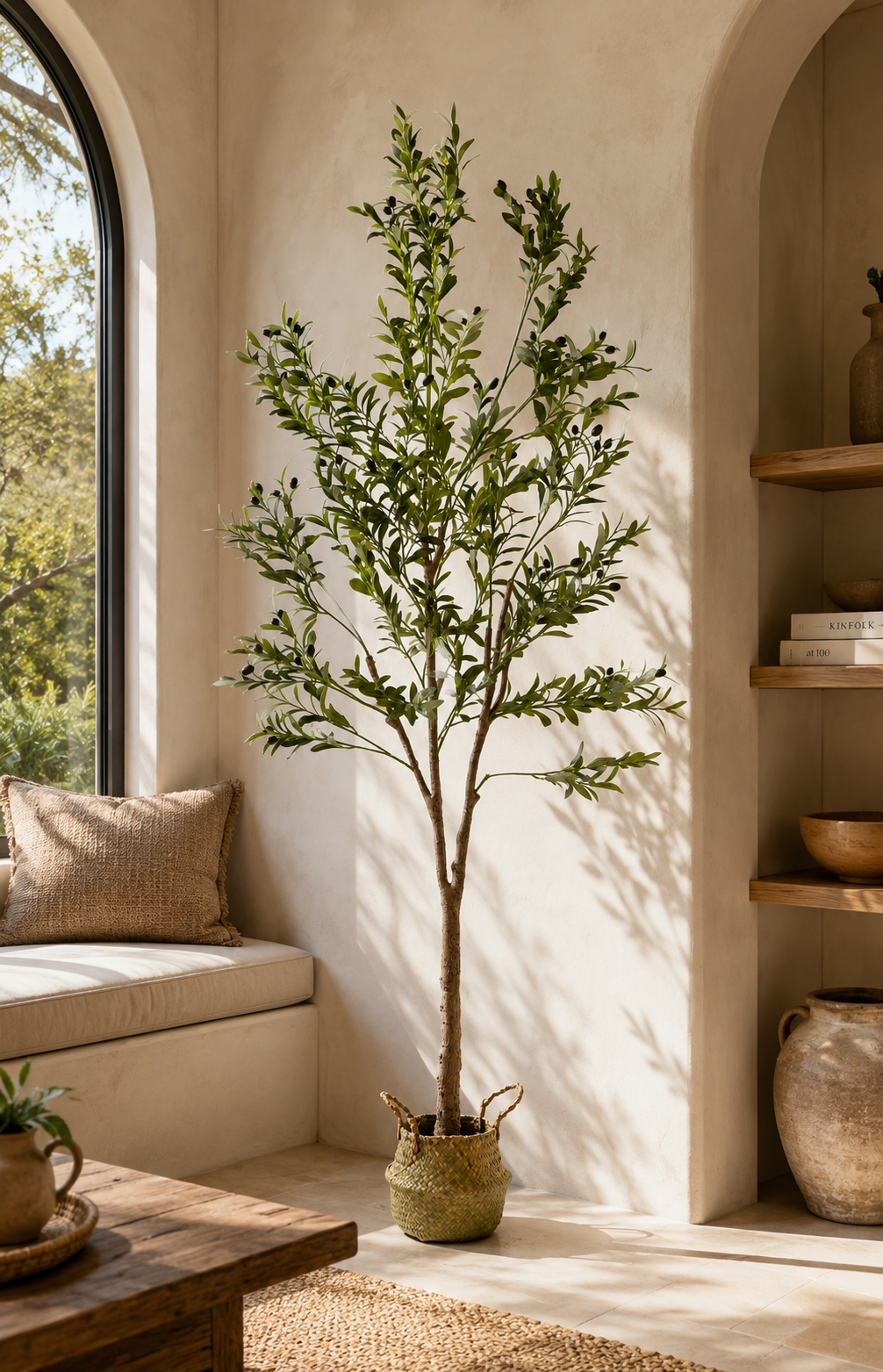 Olivier Plante Artificiel 210 cm Panier Tressé Algues inclus - Arbre Décoratif