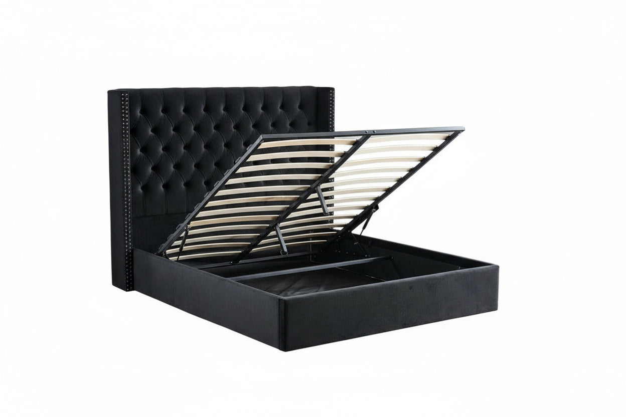 Lit Coffre 2 Places 180x200 cm Chesterfield Velours Noir Clouté Sommier Inclus