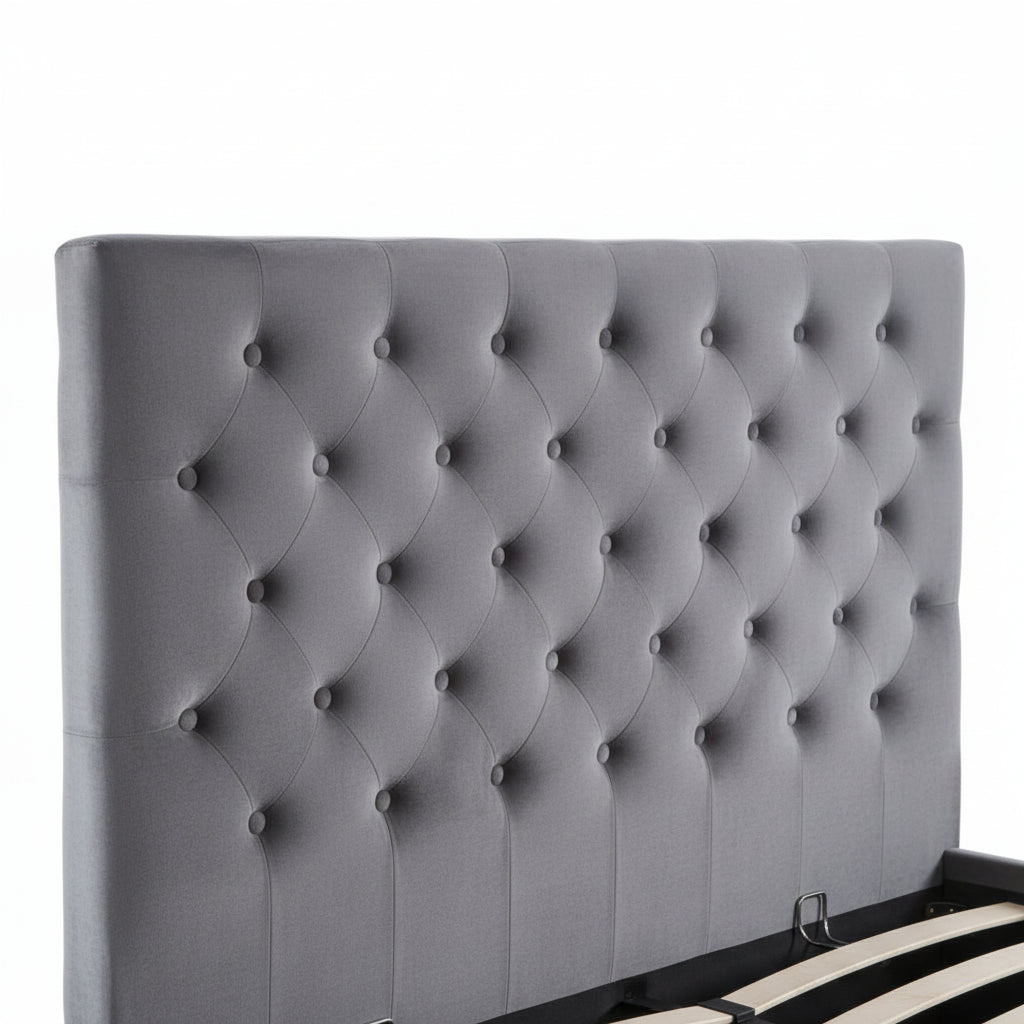 Lit coffre capitonné velours gris 160x200 cm sommier inclus VICTORIA