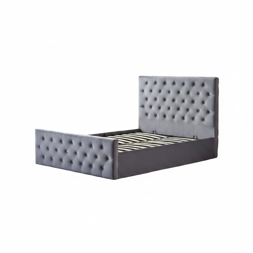 Lit coffre capitonné velours gris 160x200 cm sommier inclus VICTORIA