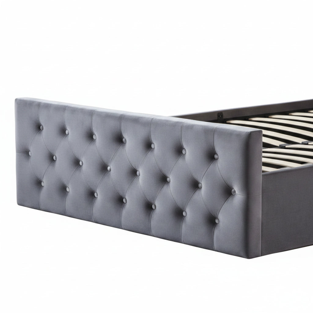 Lit coffre capitonné velours gris 160x200 cm sommier inclus VICTORIA