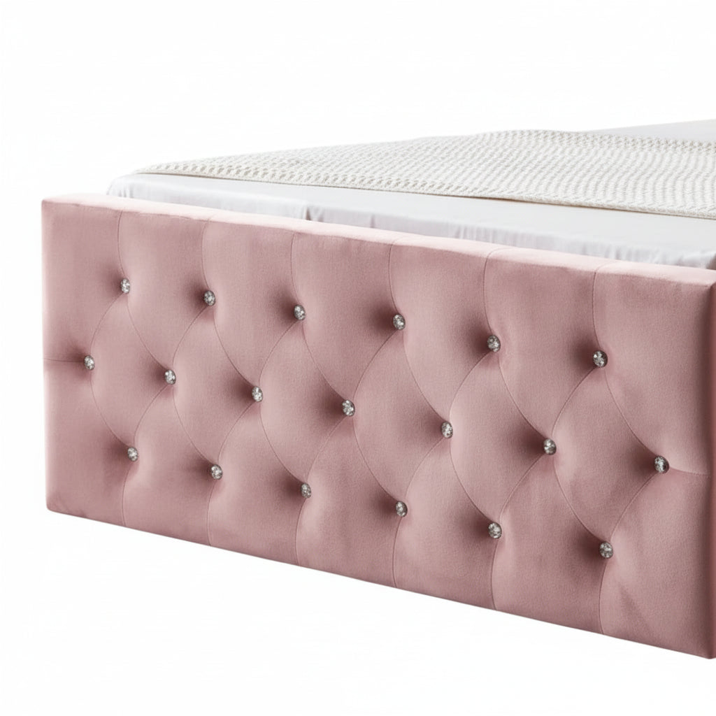 Lit coffre capitonné velours rose 160x200 cm sommier inclus VICTORIA