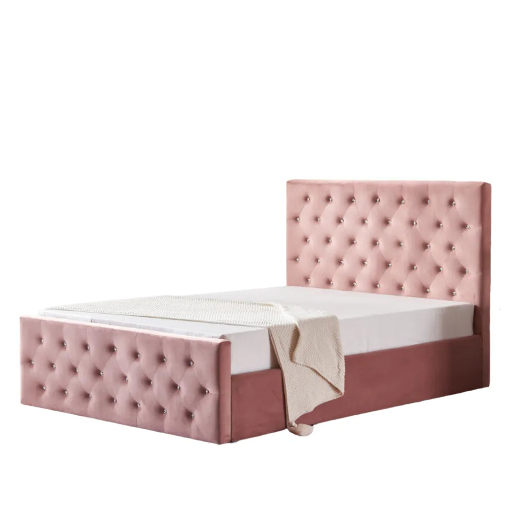 Lit coffre capitonné velours rose 160x200 cm sommier inclus VICTORIA