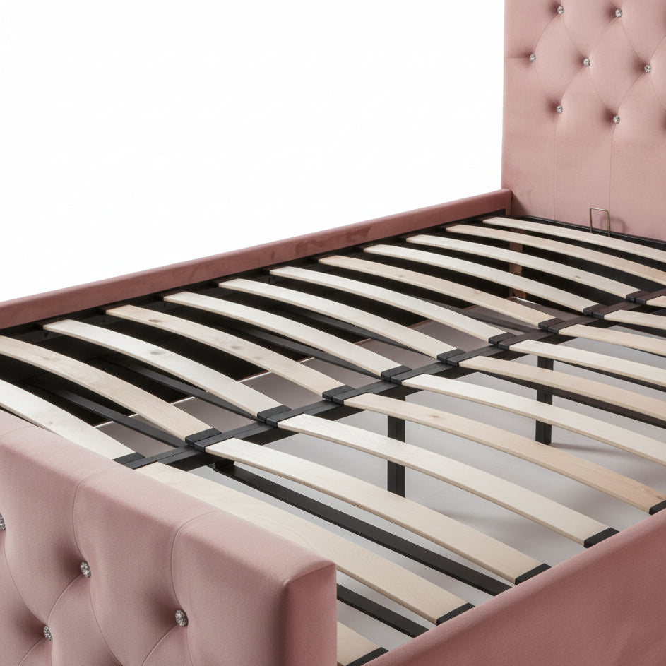 Lit coffre capitonné velours rose 160x200 cm sommier inclus VICTORIA
