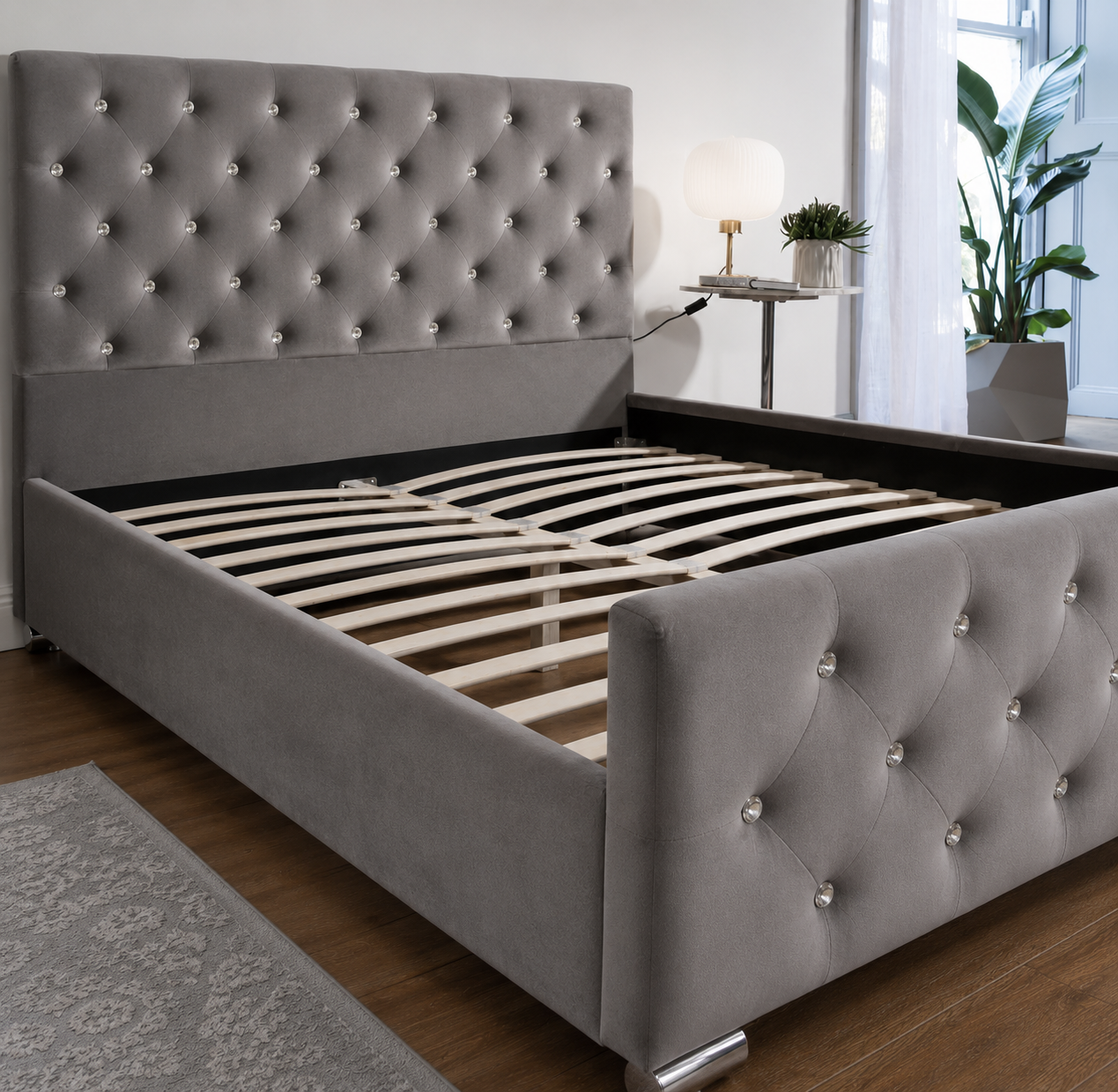 Lit 2 places 160x200 cm en velours gris sommier inclus PRESTIGE