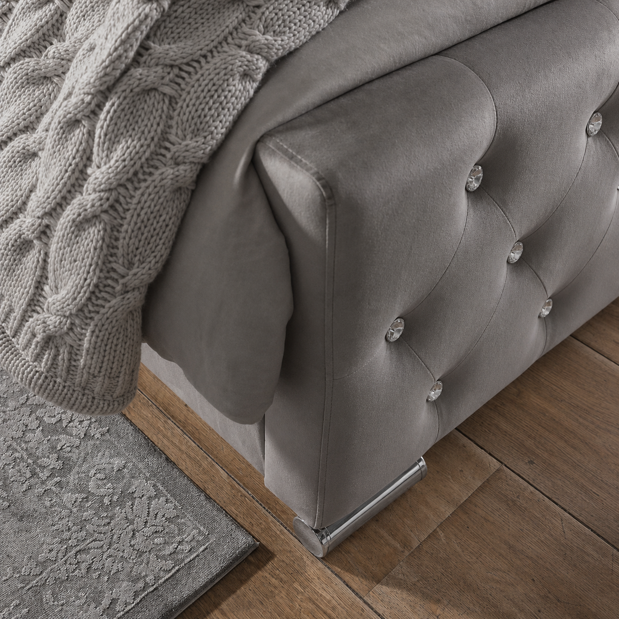 Lit 2 places 160x200 cm en velours gris sommier inclus PRESTIGE