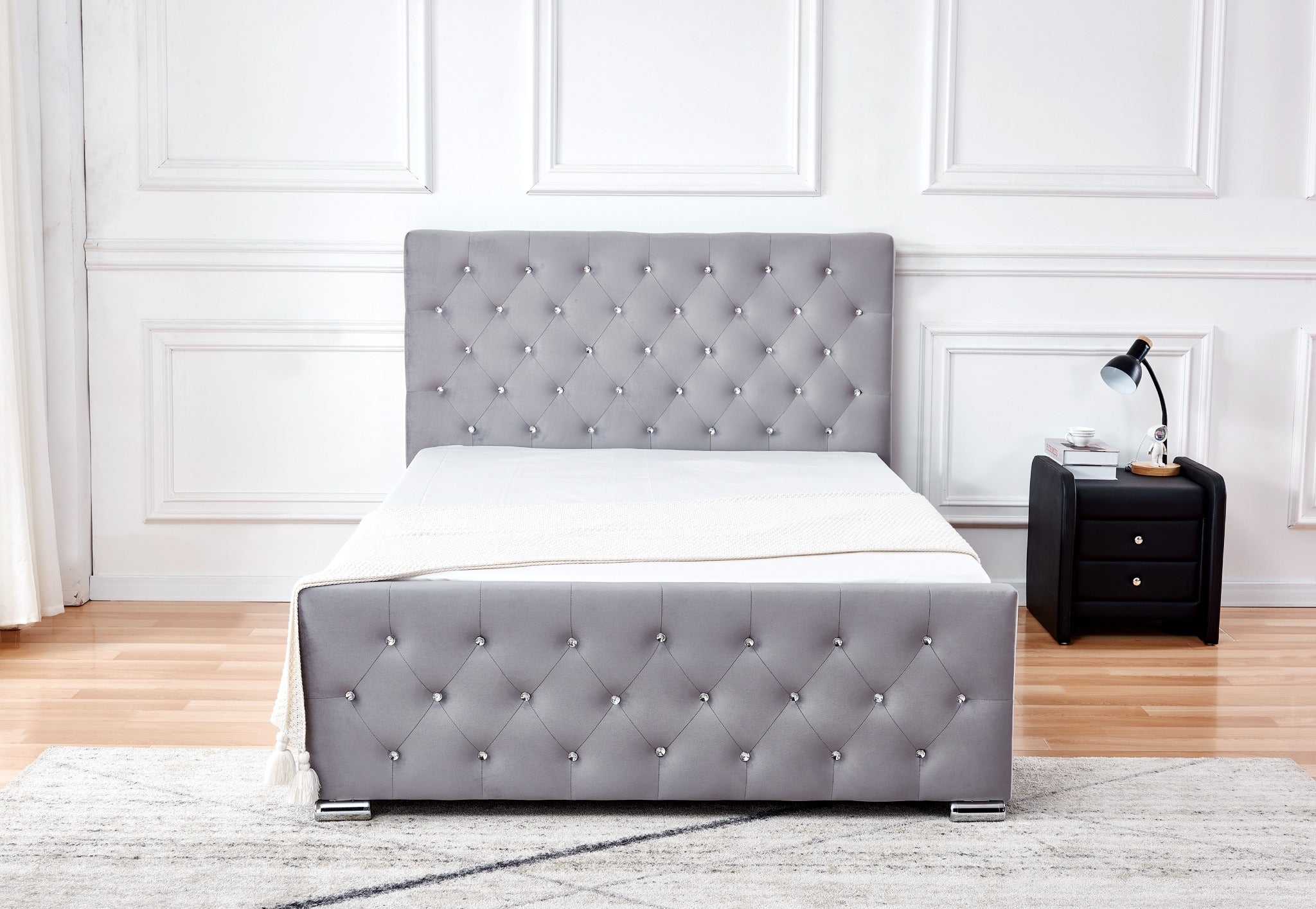 Lit 2 places 160x200 cm en velours gris sommier inclus PRESTIGE