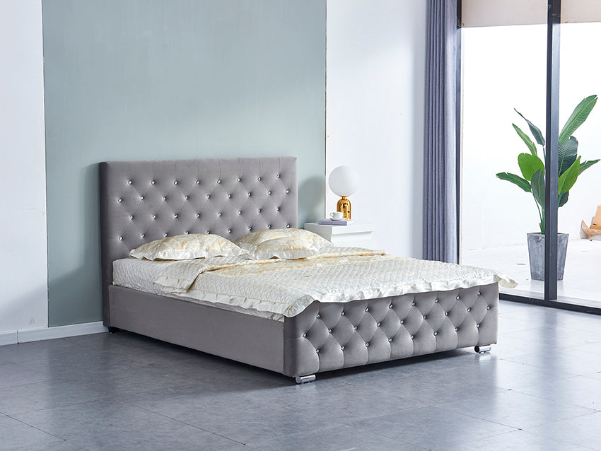Lit 2 places 160x200 cm en velours gris sommier inclus PRESTIGE