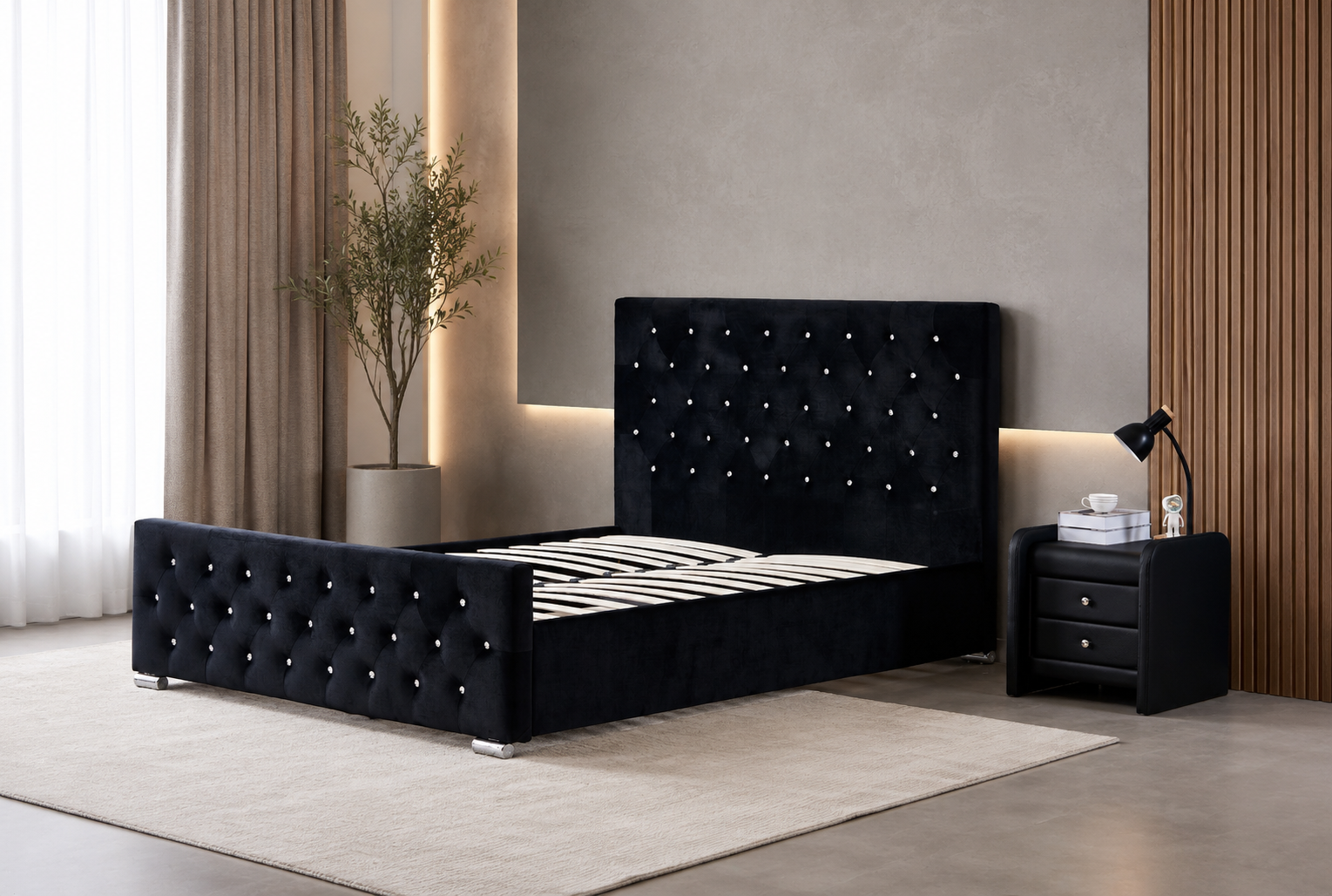 Lit  2 places 160x200 cm en velours noir sommier inclus PRESTIGE