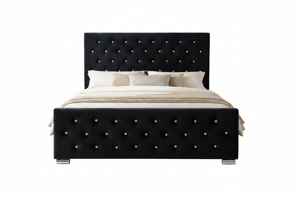 Lit 2 places 140x190 cm velours noir sommier inclus PRESTIGE