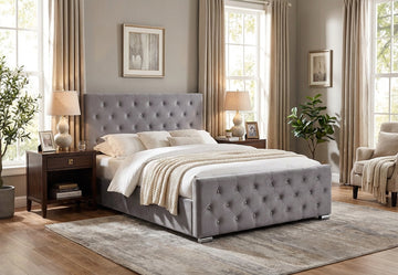 Lit 2 places 160x200 cm en velours gris sommier inclus PRESTIGE