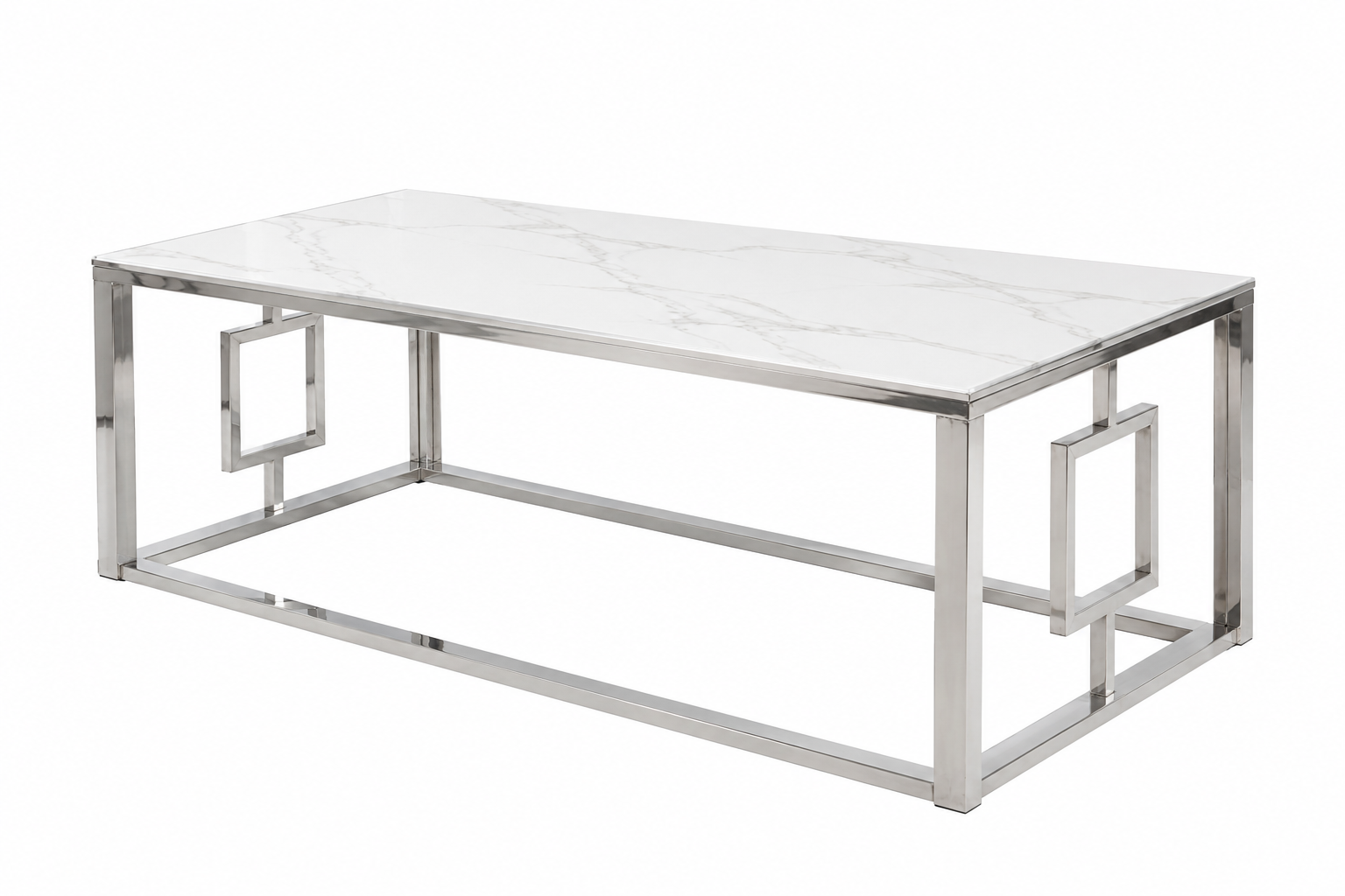 Table basse SOPHIE  pieds Chromé plateau en marbré blanc  120 cm