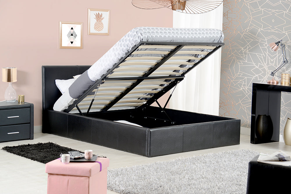 Lit coffre 2 places  BASTIEN simili cuir NOIR 140x190 cm sommier inclus