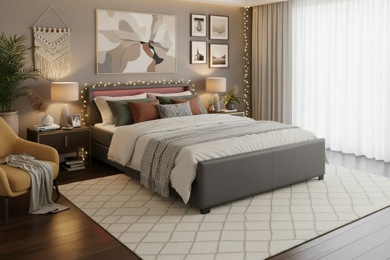 Lit adulte 2 places 140x190 cm gris avec tiroirs LED sommier inclus