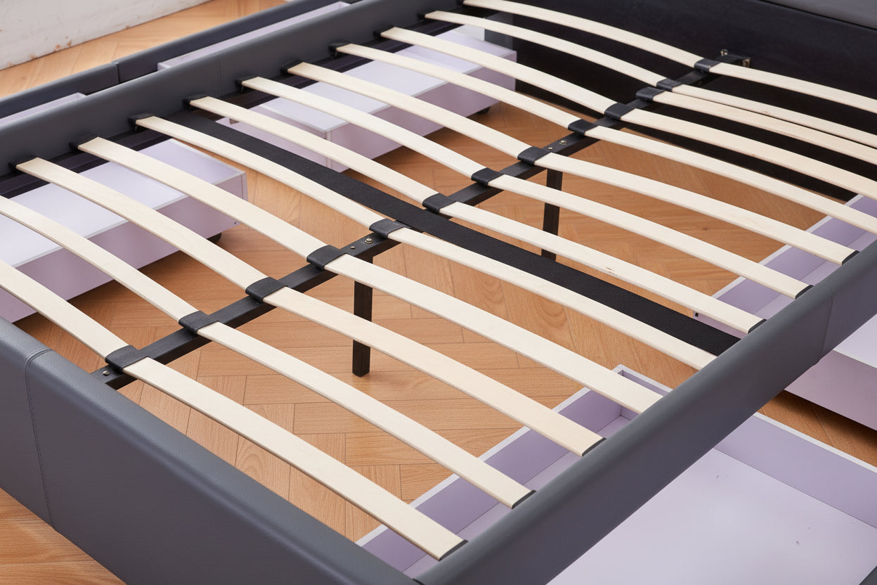 Lit adulte 2 places 140x190 cm gris avec tiroirs LED sommier inclus