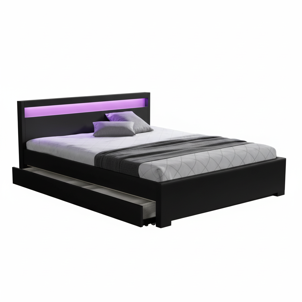 Lit 2 places 140x190 cm noir avec tiroirs LED sommier inclus