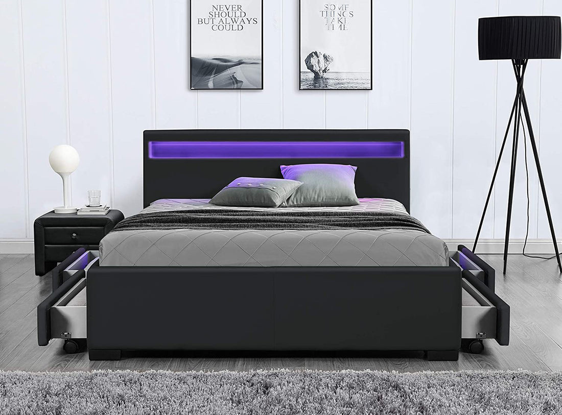 Lit 2 places 140x190 cm TIROIRS et LED sommier inclus noir
