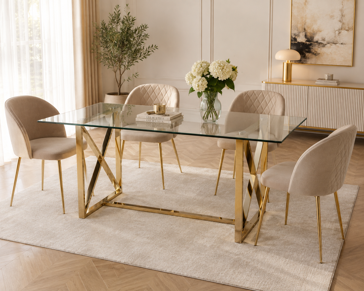 Table à manger verre transparent pied métal doré 180x90 cm KENSY