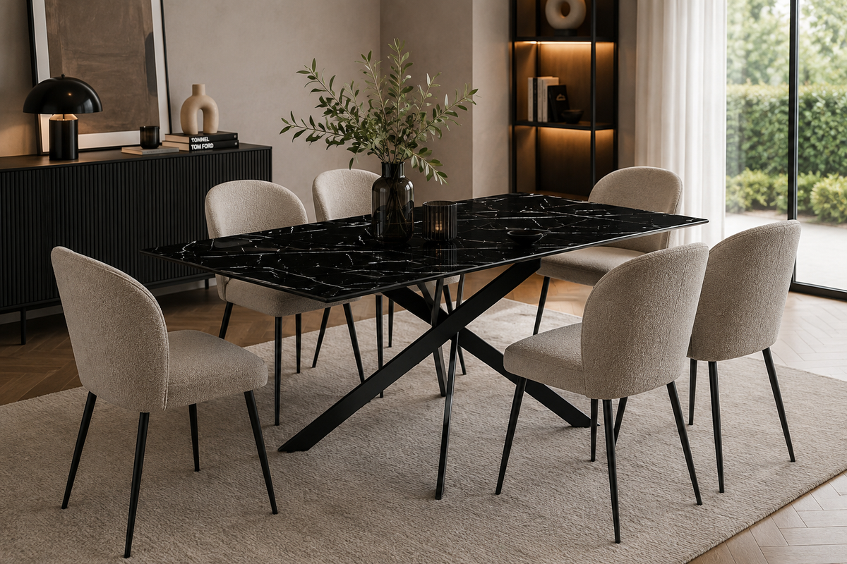 Table Repas JESSICA XXL Métal noir et plateau en verre MARBRE NOIR 180 cm 6 à 8 couverts