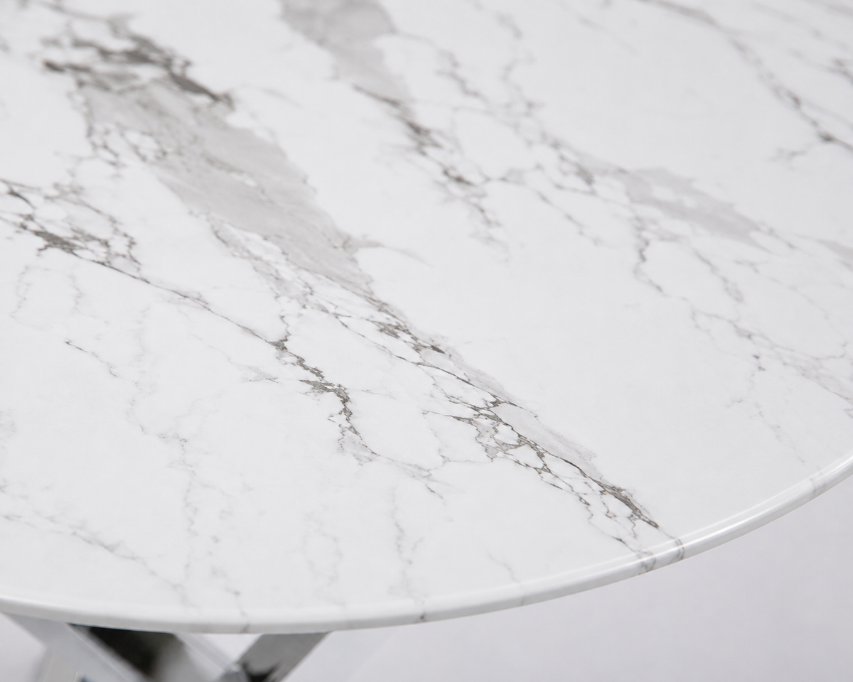Table à manger ronde JESSICA MARBRE BLANC pieds chrome XXL 120 cm 4 couverts