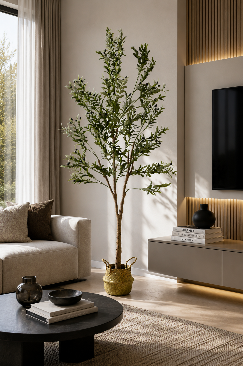 Olivier Plante Artificiel 210 cm Panier Tressé Algues inclus - Arbre Décoratif
